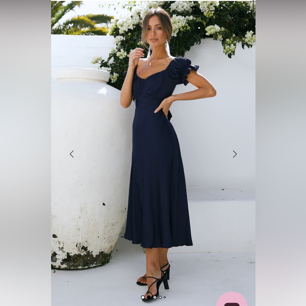 Navy Blue Sky Child Hello Molly Blue Puff Sleeve Sweetheart Midi Dress